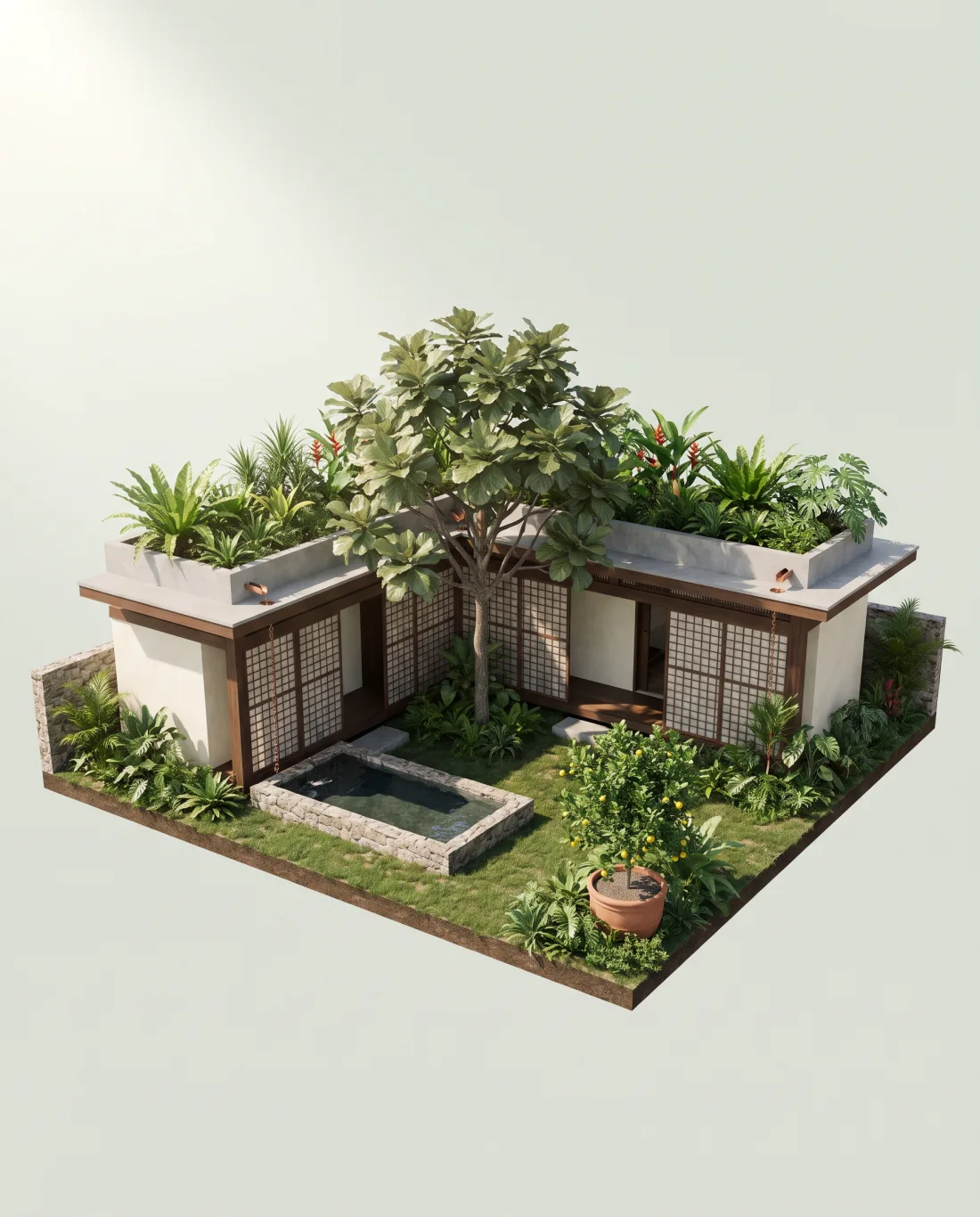 3D model of Hardin Courtyard House, an L-shaped home with a planted roof around a courtyard with a tree and pond