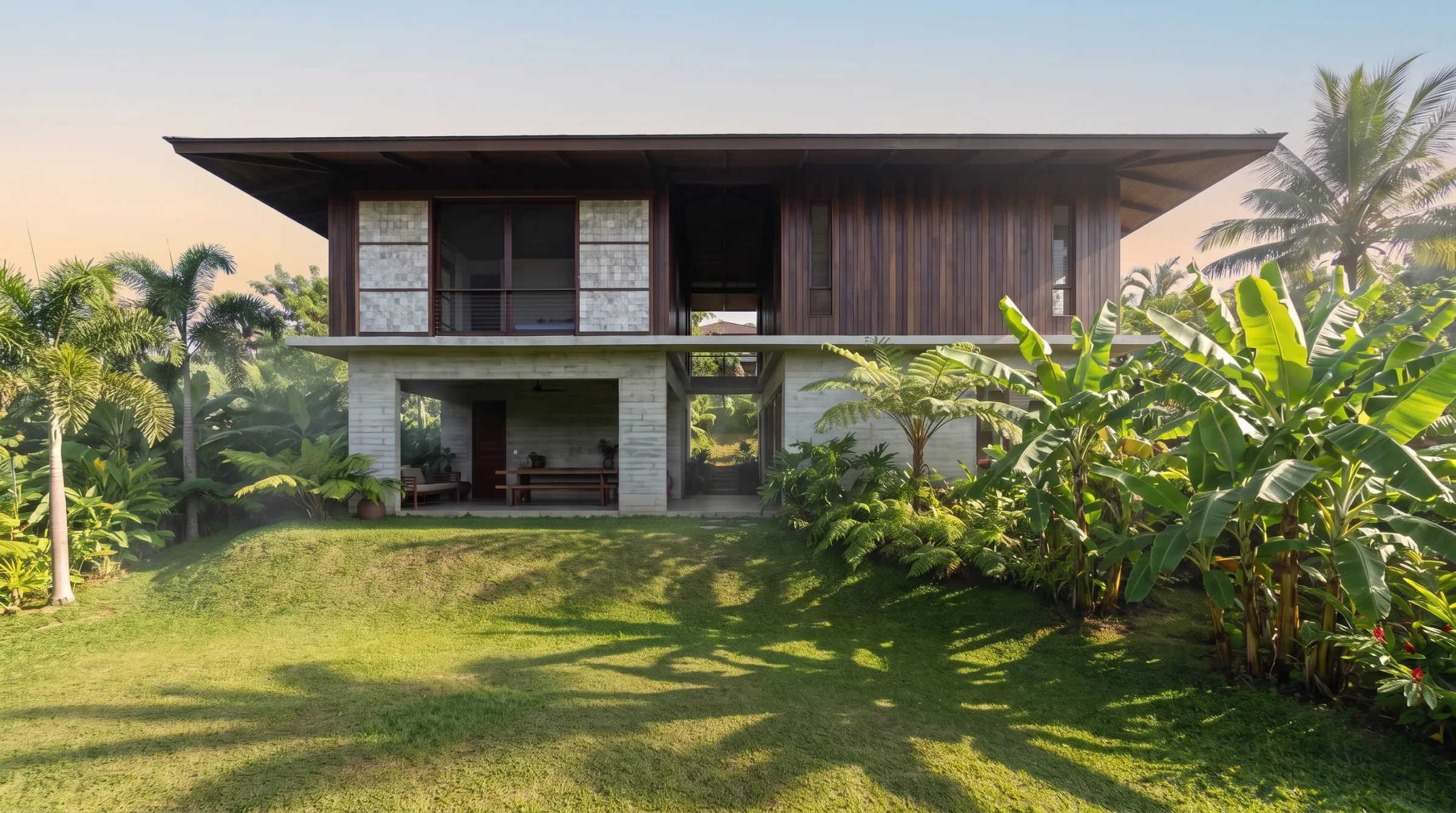 Bahay Silong in Tagaytay: a timber and concrete house with deep eaves in a tropical garden