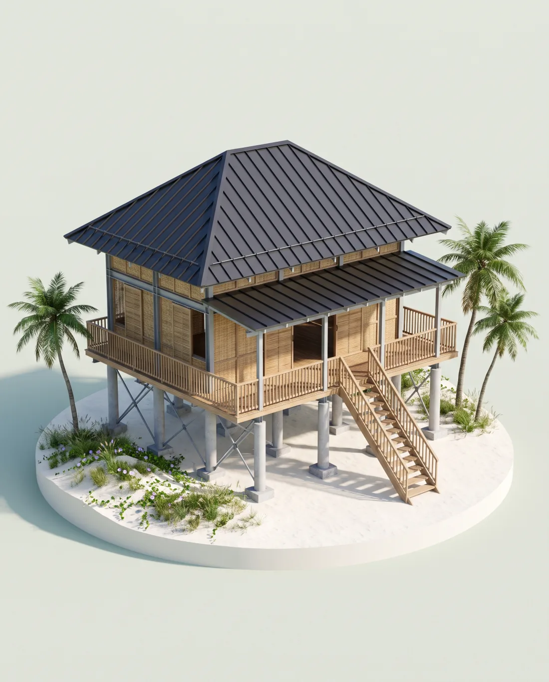 3D model of Kubo Pavilion, a bamboo beach house on braced concrete columns with a steel hip roof and access stair