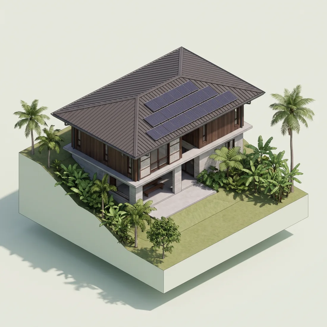 3D model of Bahay Silong, a concrete and timber house with a steel hip roof and solar panels on one slope