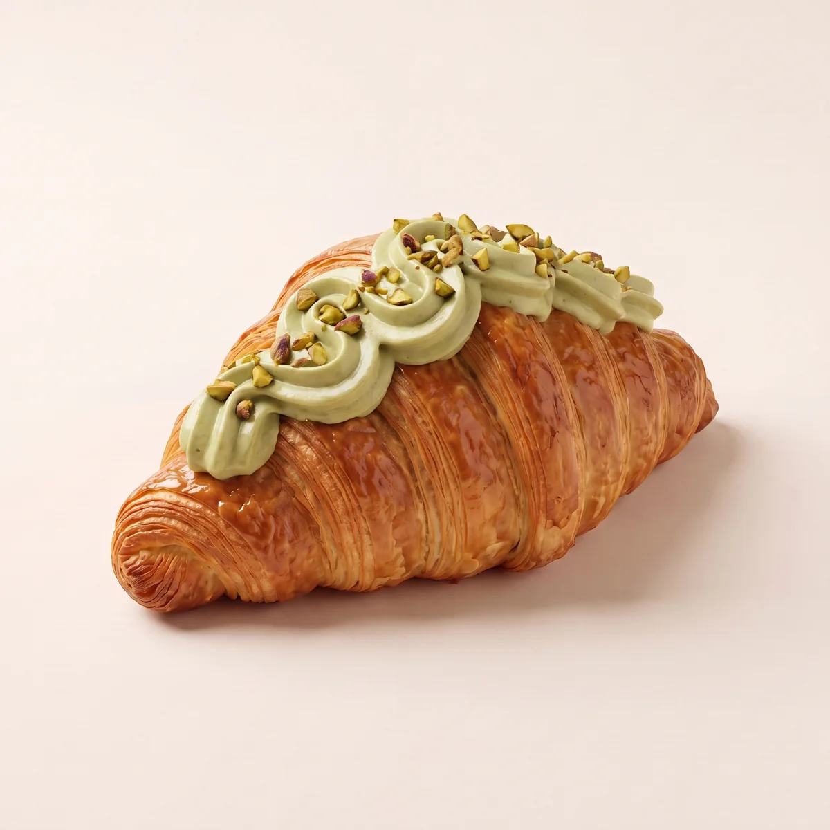 A realistic 3D render of Manna's pistachio croissant