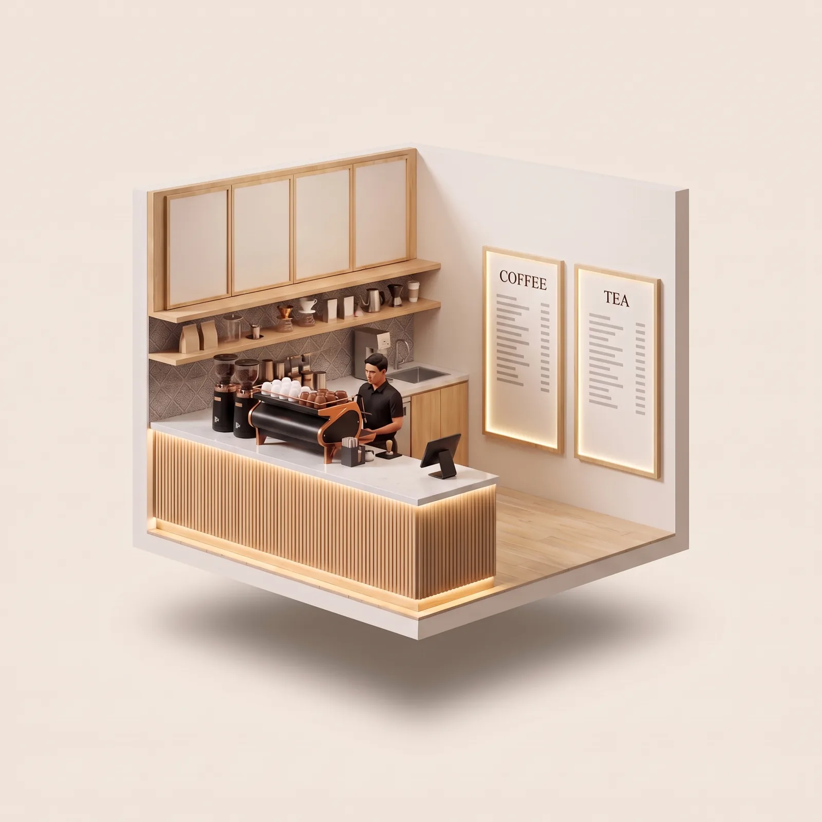 3D miniature of Manna's fluted oak coffee bar with a barista at the espresso machine