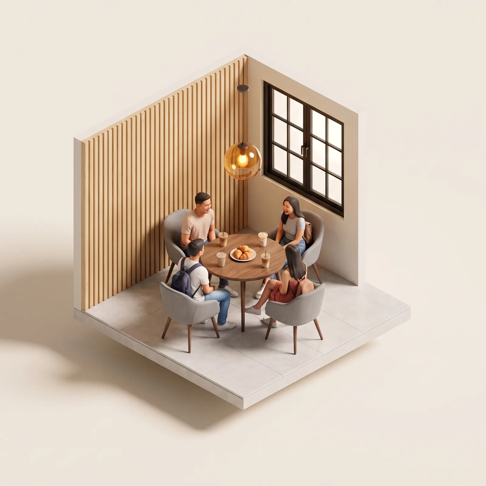 3D miniature of friends laughing over iced lattes and croissants at a round walnut table by a steel window