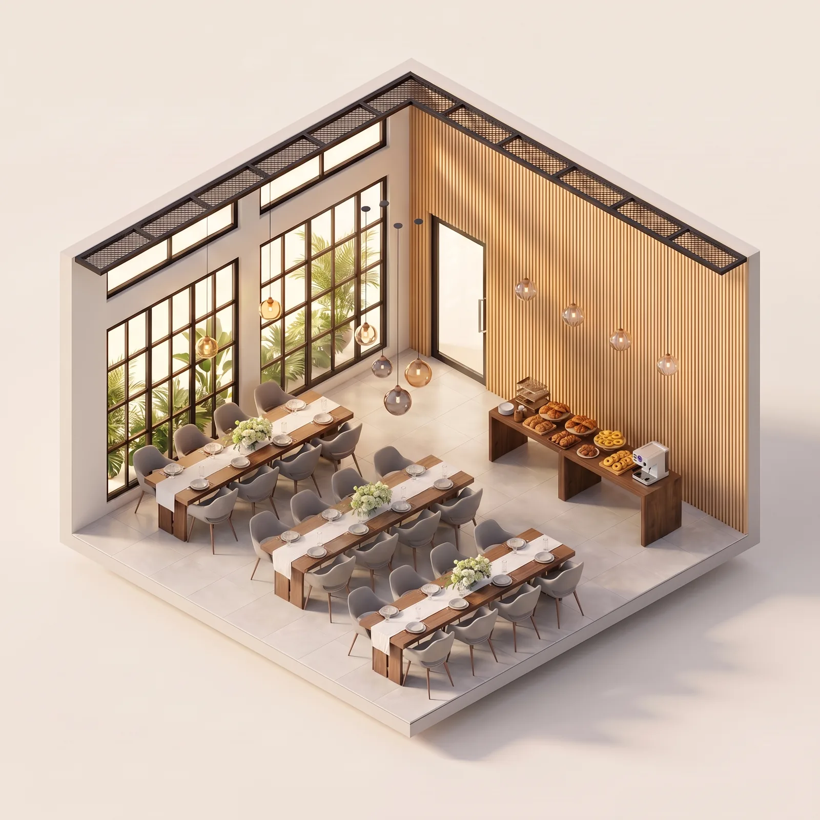 3D isometric concept of the Manna Hall set for a family celebration with long walnut tables, flowers, and a pastry table