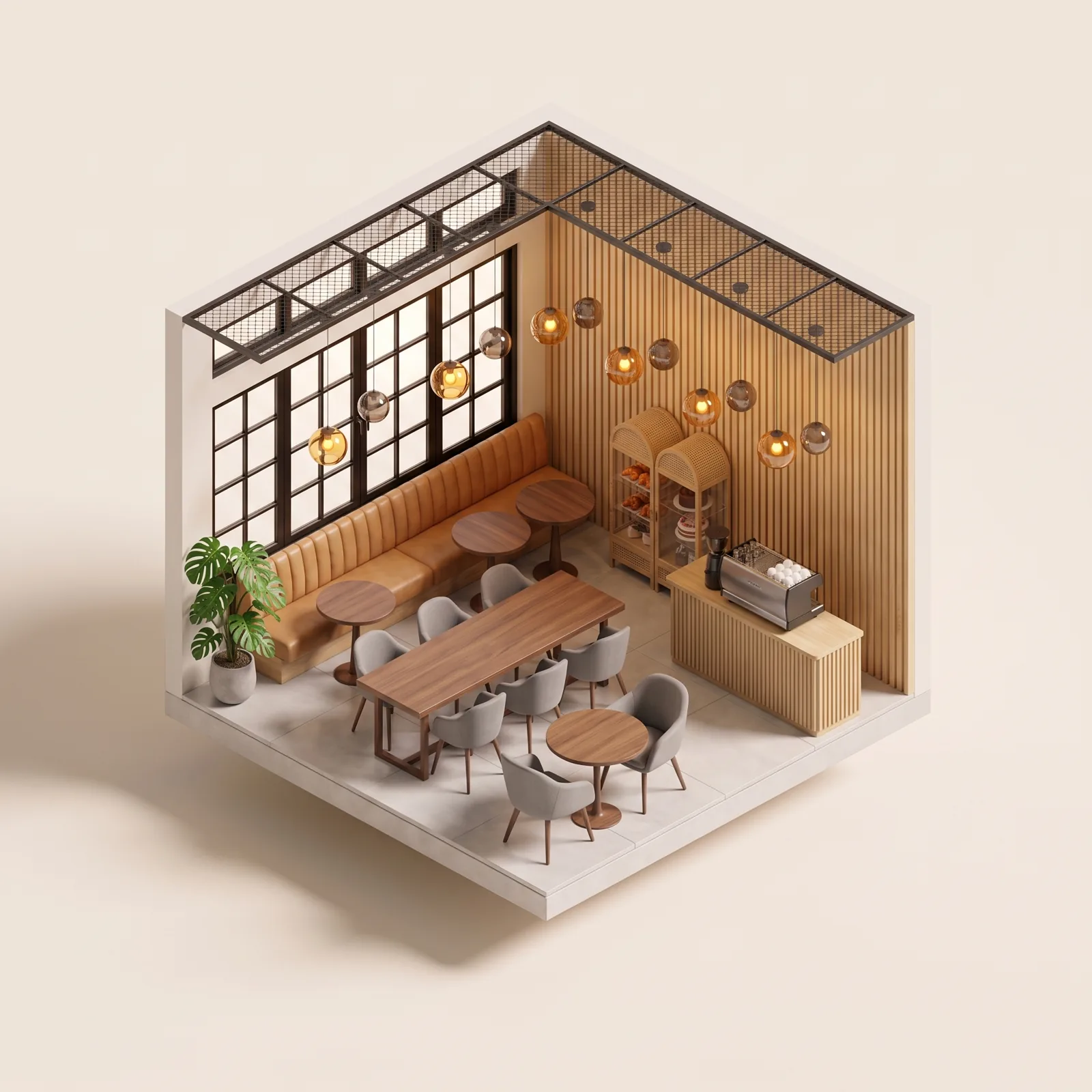 3D isometric cutaway of Manna's interior with oak slat walls, steel windows, pendants, and walnut tables