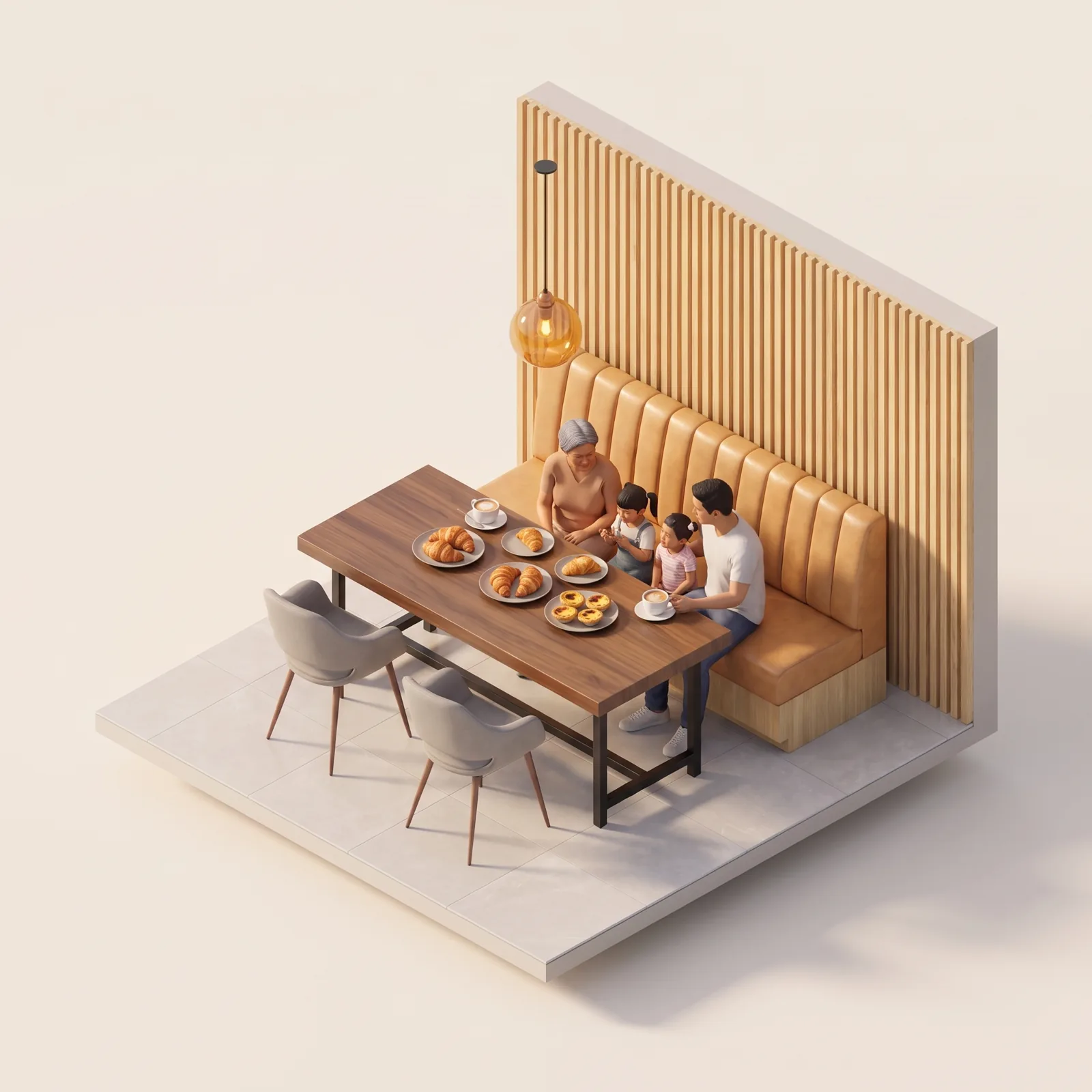 3D miniature of a Filipino family sharing croissants and egg tarts at a long walnut table