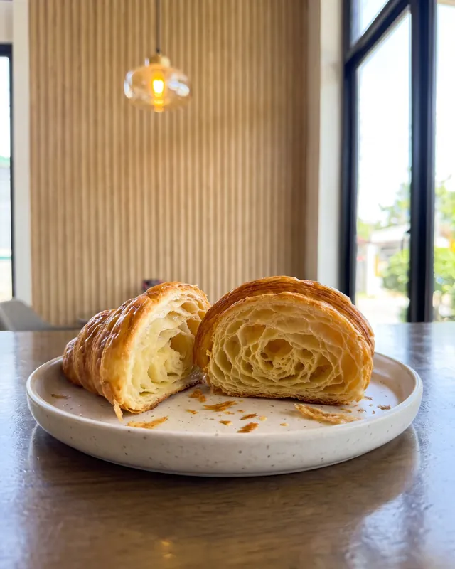 A butter croissant torn open on a stoneware plate