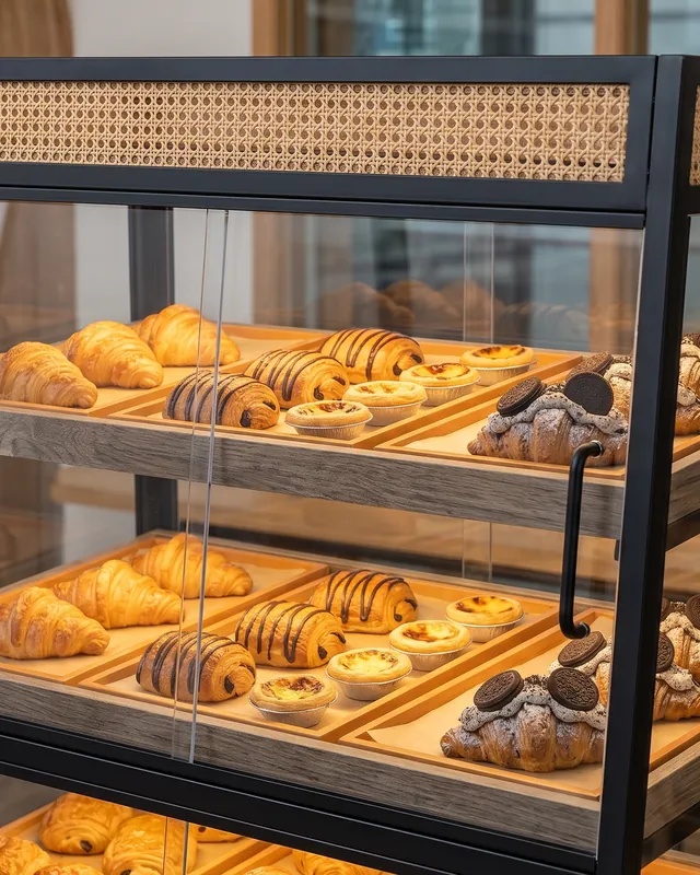 Manna's pastry cabinet with croissants and egg tarts