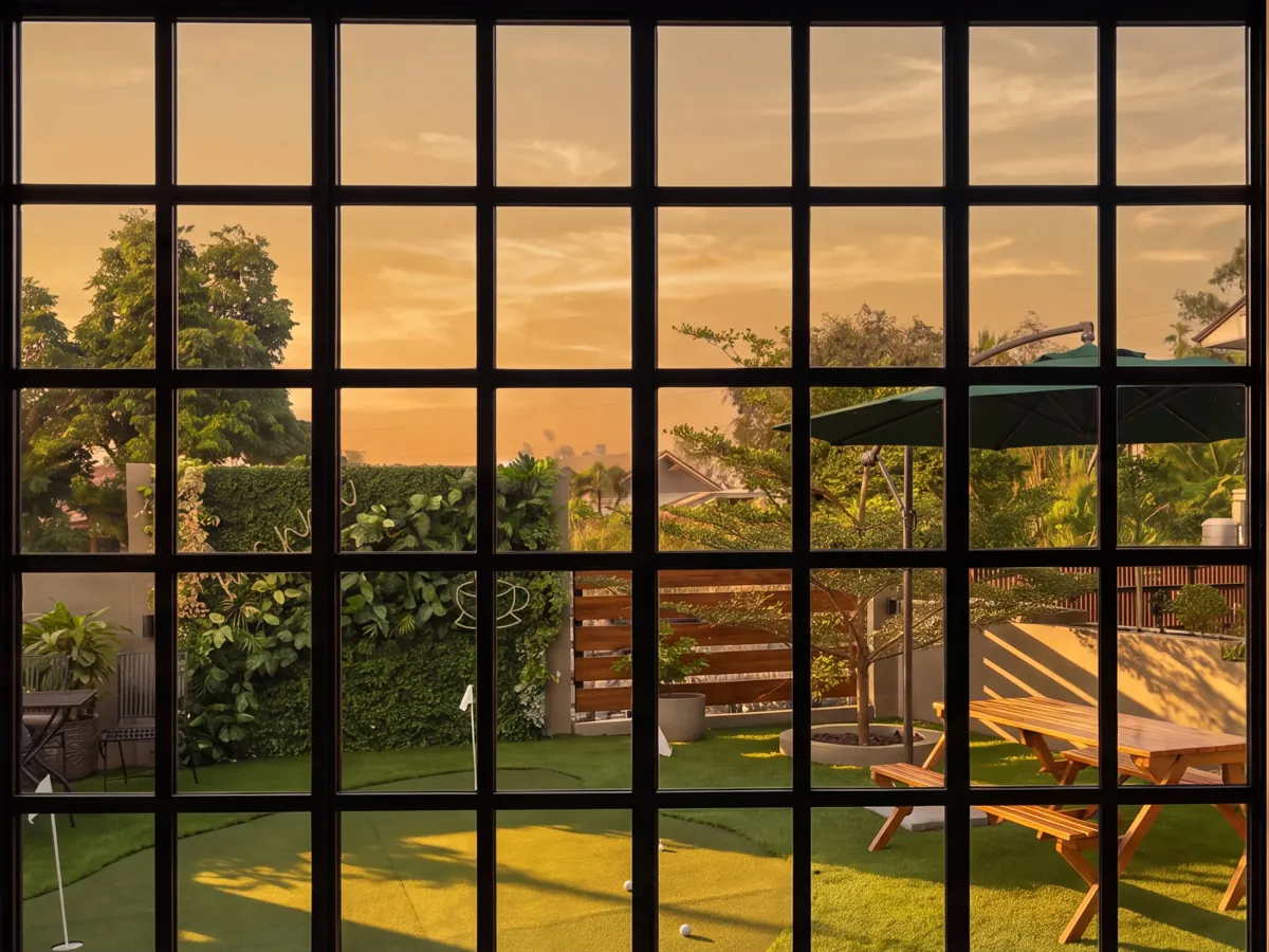 A steel-framed window onto Manna's garden putting green at golden hour