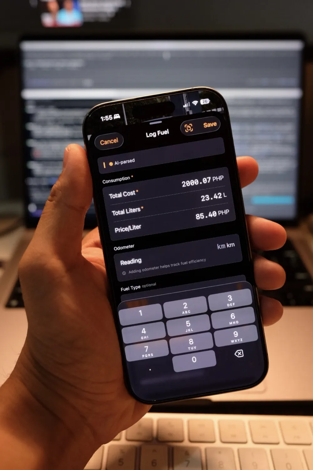 Log Fuel screen with AI-parsed fields populated from the receipt